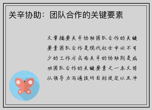 关辛协助：团队合作的关键要素