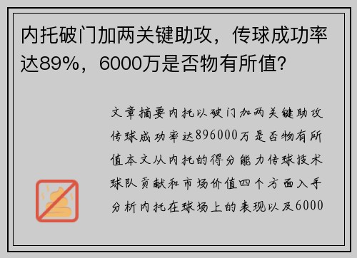 内托破门加两关键助攻，传球成功率达89%，6000万是否物有所值？